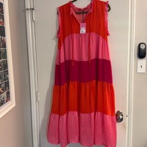 THML Red Pink Orange Ruffle Maxi Dress - NWT - Size L
